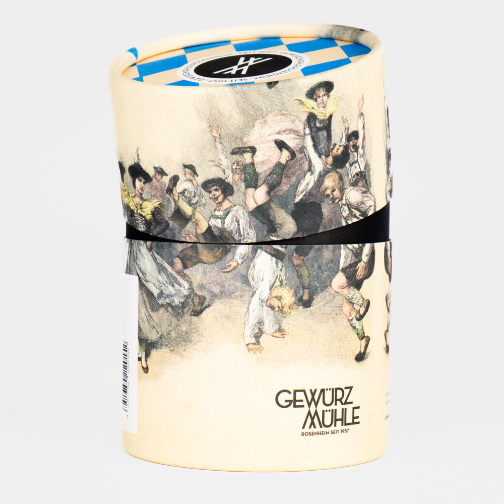 halb geöffnete Dose der Gewürzmühle Rosenheim mit bayrischem Muster