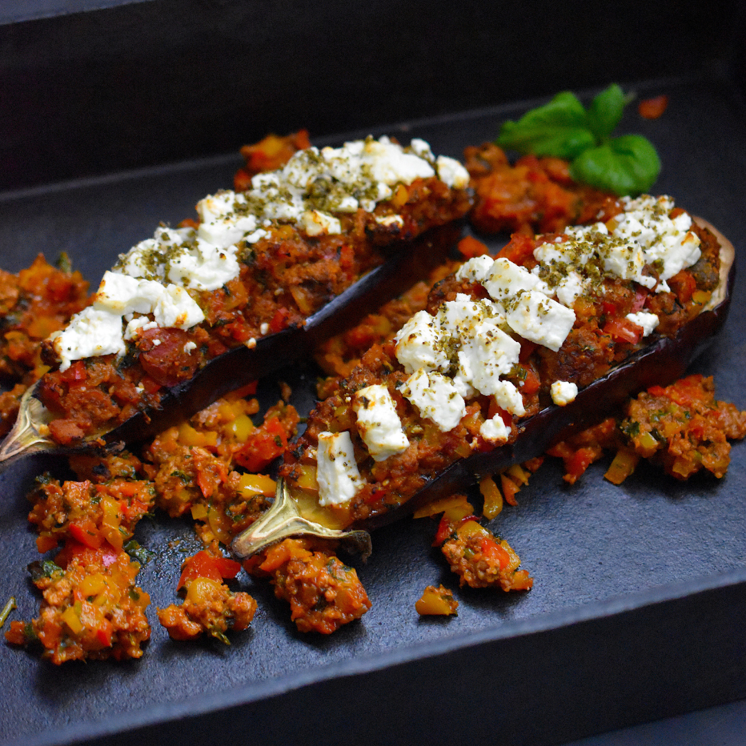 Auberginen-Gericht, gewürzt mit Dukkah (Ducca)