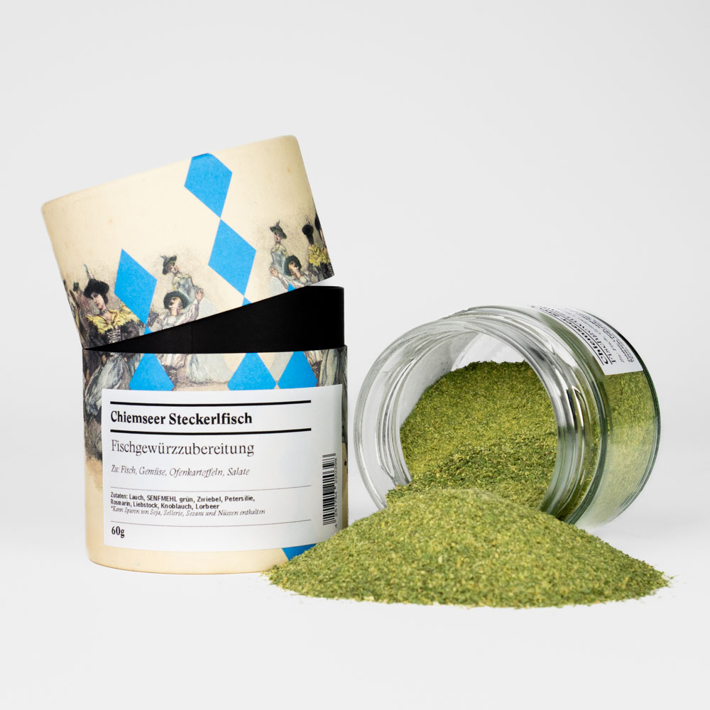 Brathähnchen Gewürzmischung – offenes Gewürzglas mit Gewürzdose im bayerischen Design daneben