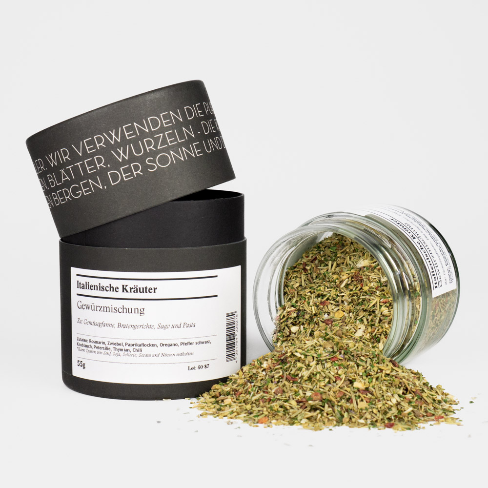 Italienische Kräuter Gewürzmischung – offenes Gewürzglas mit Gewürzdose daneben