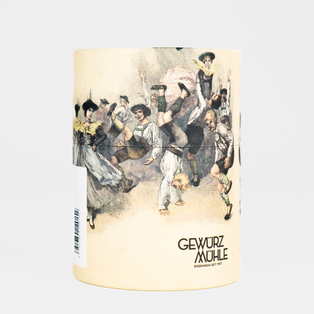 Dose der Gewürzmühle Rosenheim mit historischer Tanzillustration in warmen Farben und aufgedrucktem Markenlogo