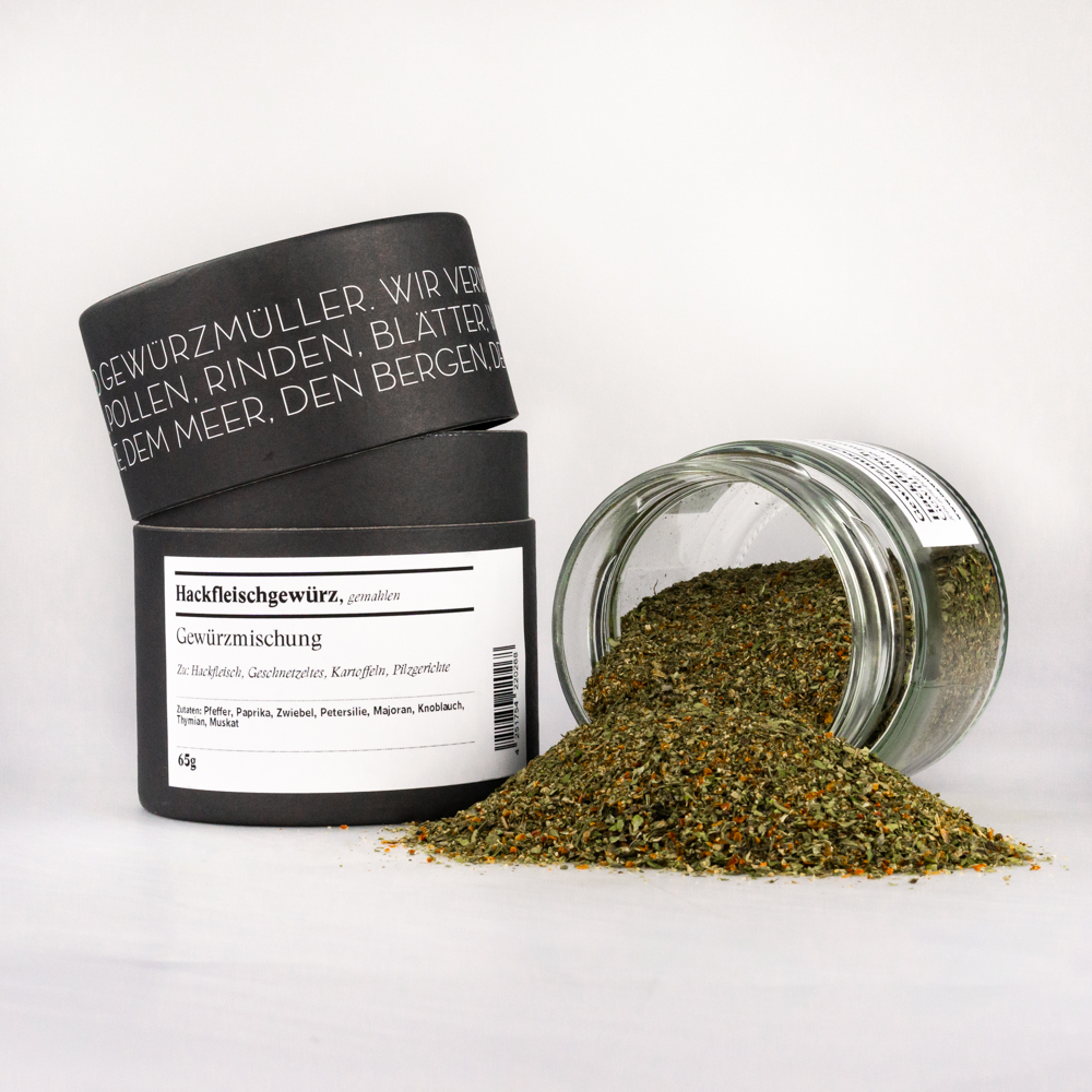Hackfleischgewürz, gemahlen - offene Gewürzdose daneben