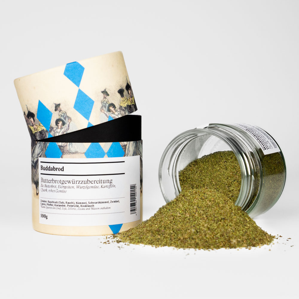 Butterbrot Gewürz – offenes Gewürzglas mit Gewürzdose im bayerischen Design daneben