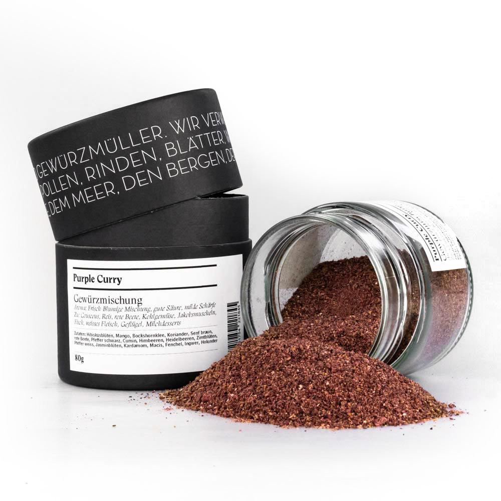 Purple Curry Gewürzmischung - Gewürzdose und umgekipptes Glas