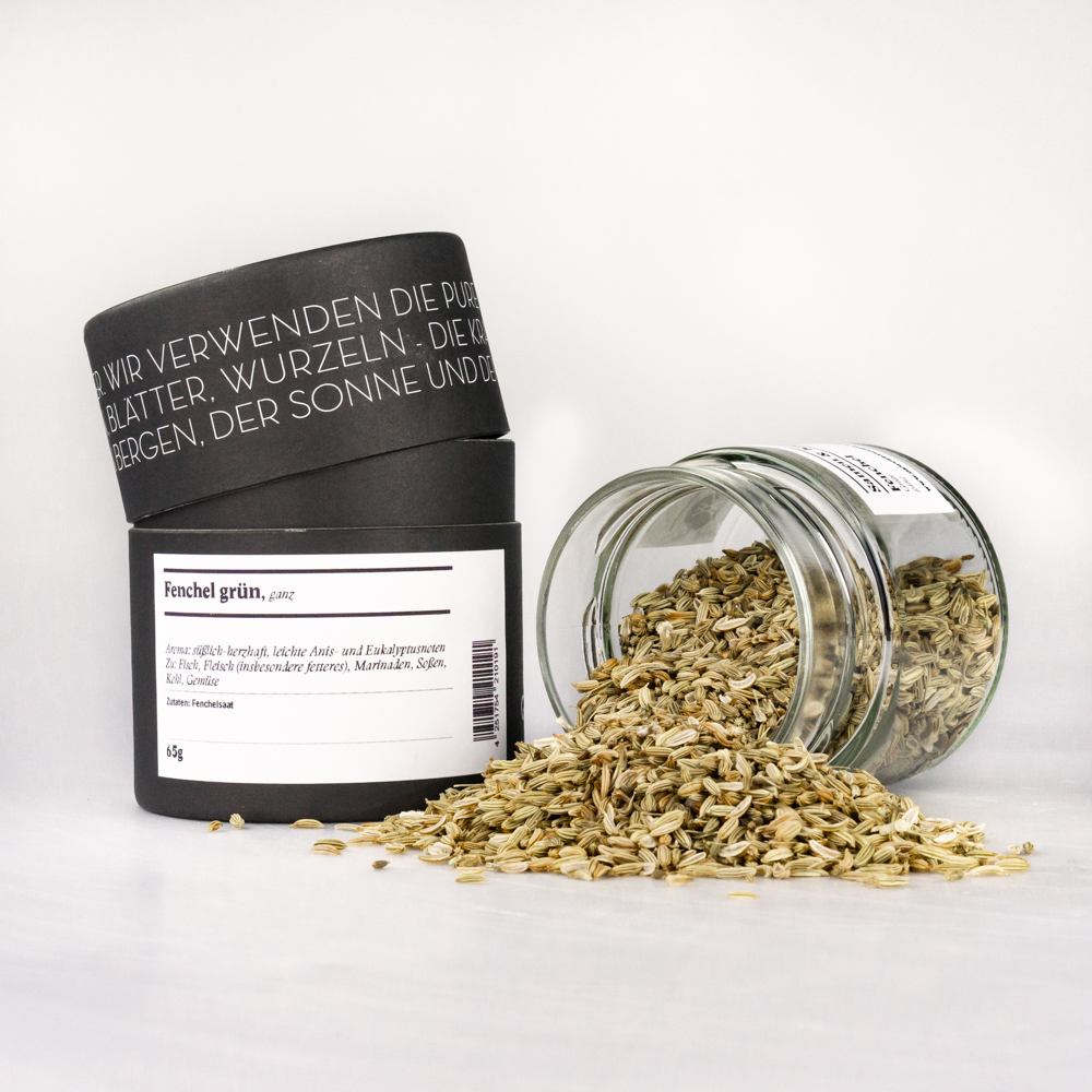 Fenchel grün, ganz – offenes Gewürzglas mit Gewürzdose daneben