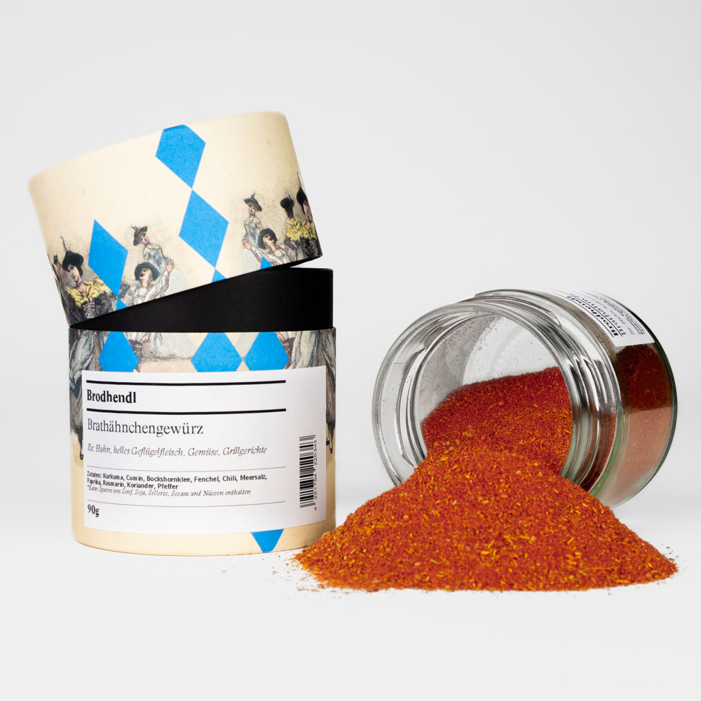 Chiemseer Steckerlfisch Gewürzmischung – offenes Gewürzglas mit Gewürzdose im bayerischen Design daneben