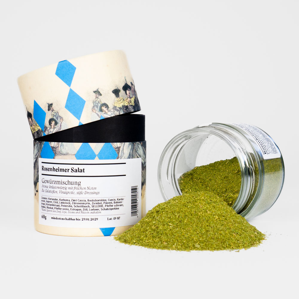 Rosenheimer Salat Gewürzmischung – offenes Gewürzglas mit Gewürzdose im bayerischen Design daneben